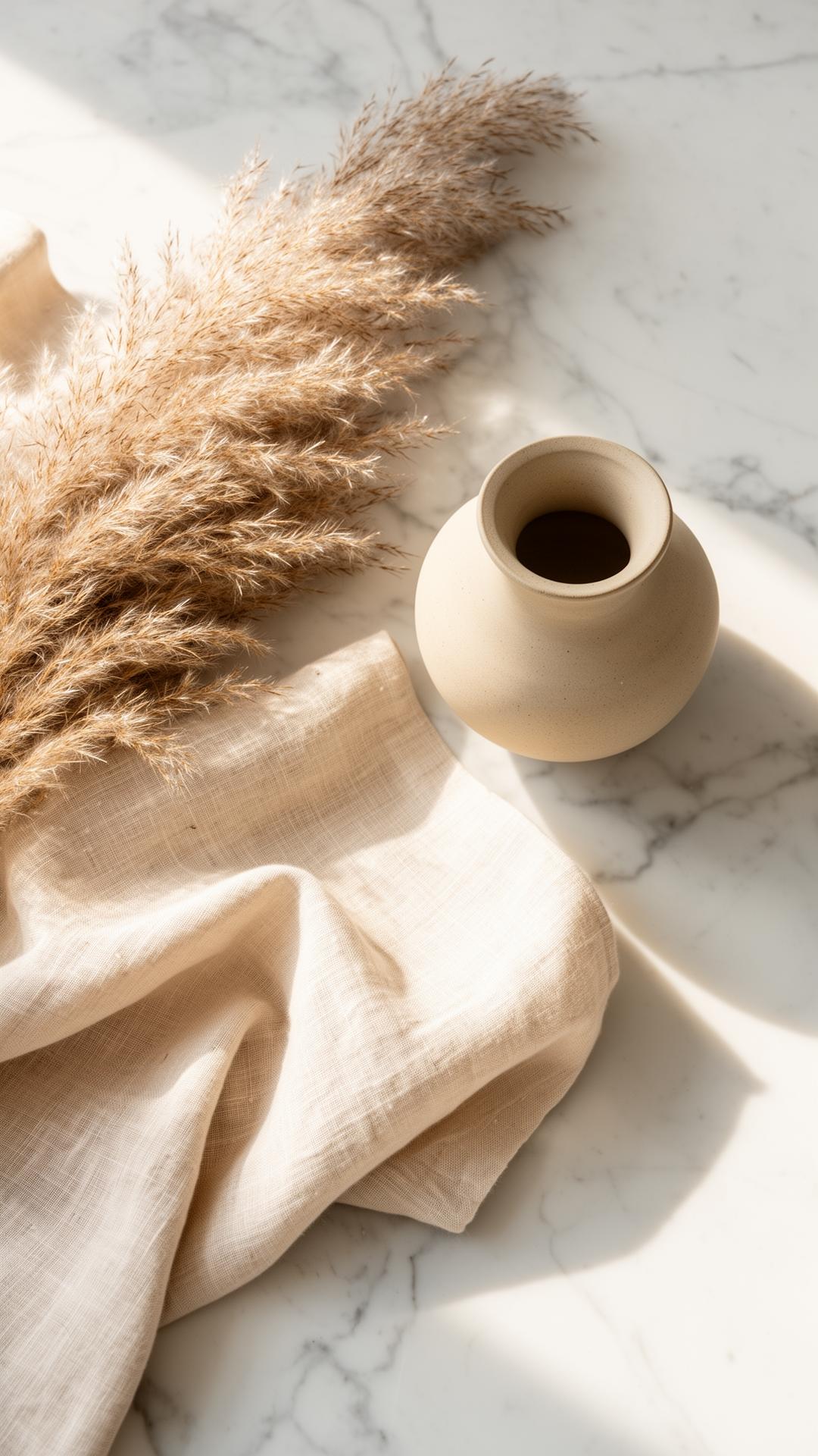 Soft luxury editorial flat lay with pampas grass and linen